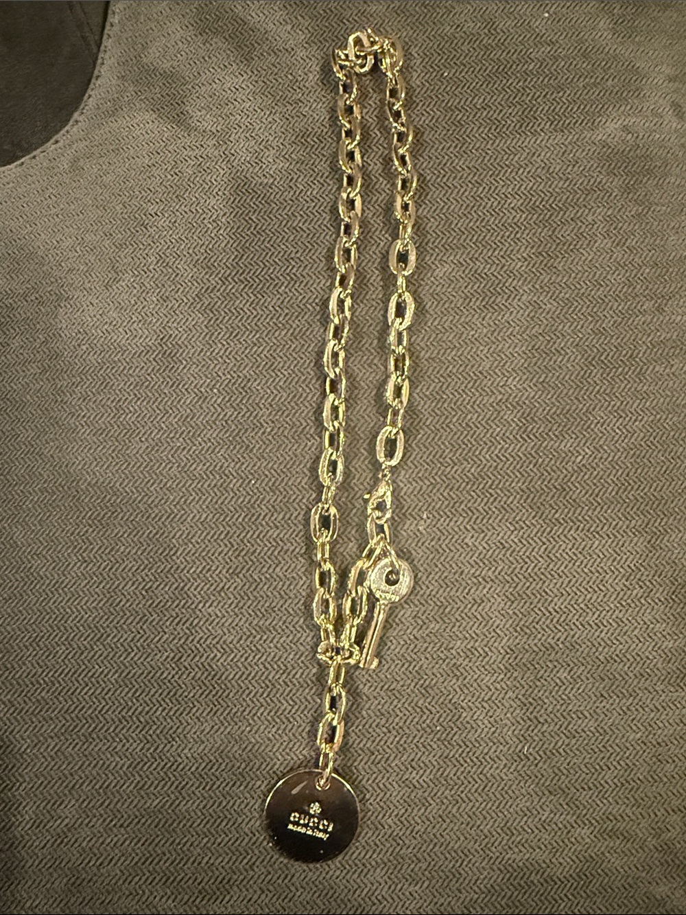 Gold-Tone Link Necklace with Round Logo Pendant and Key Charm